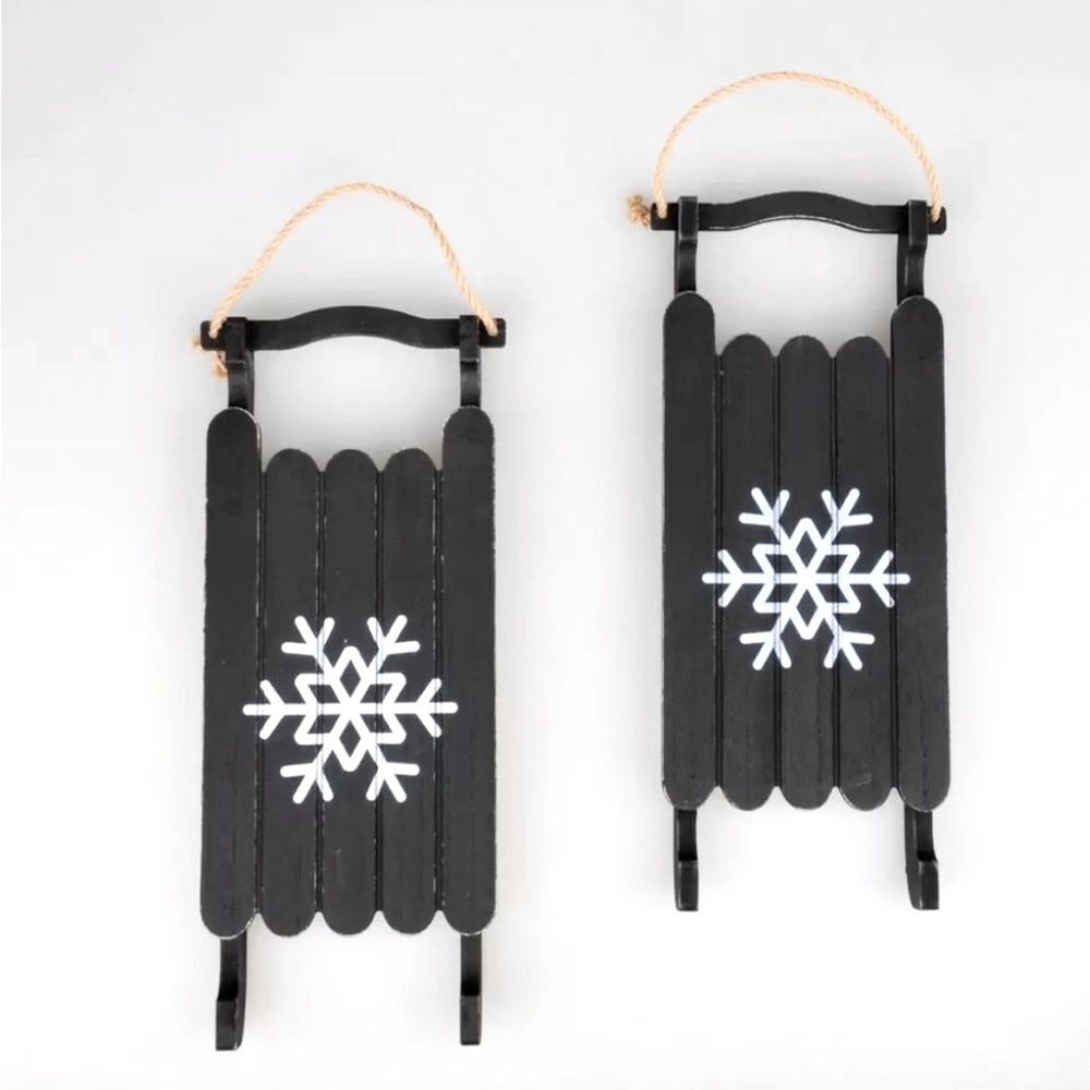 Decorative Christmas Holiday Winter Wooden Snowflake Sleds Decor Set of 2 New!
